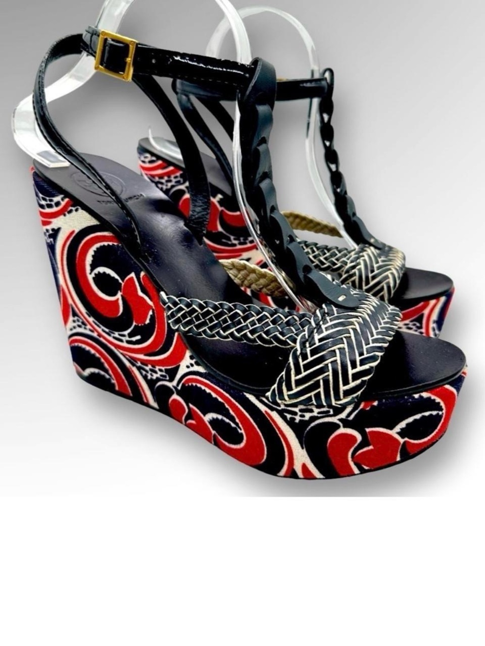 Tory Burch Black, Red and White Patterned Wedge Sandals